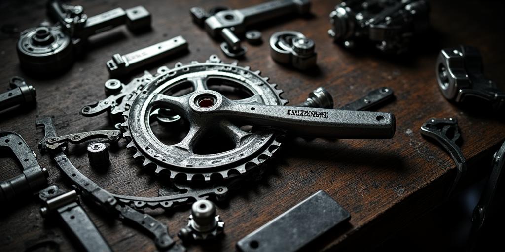 ビンテージ自転車のパーツと精密な工具が並ぶ職人のデスク