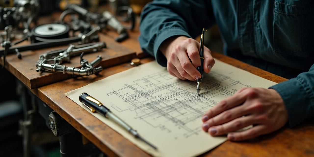 アンティークな工房の机の上にある設計図とペン、熟練の職人の手