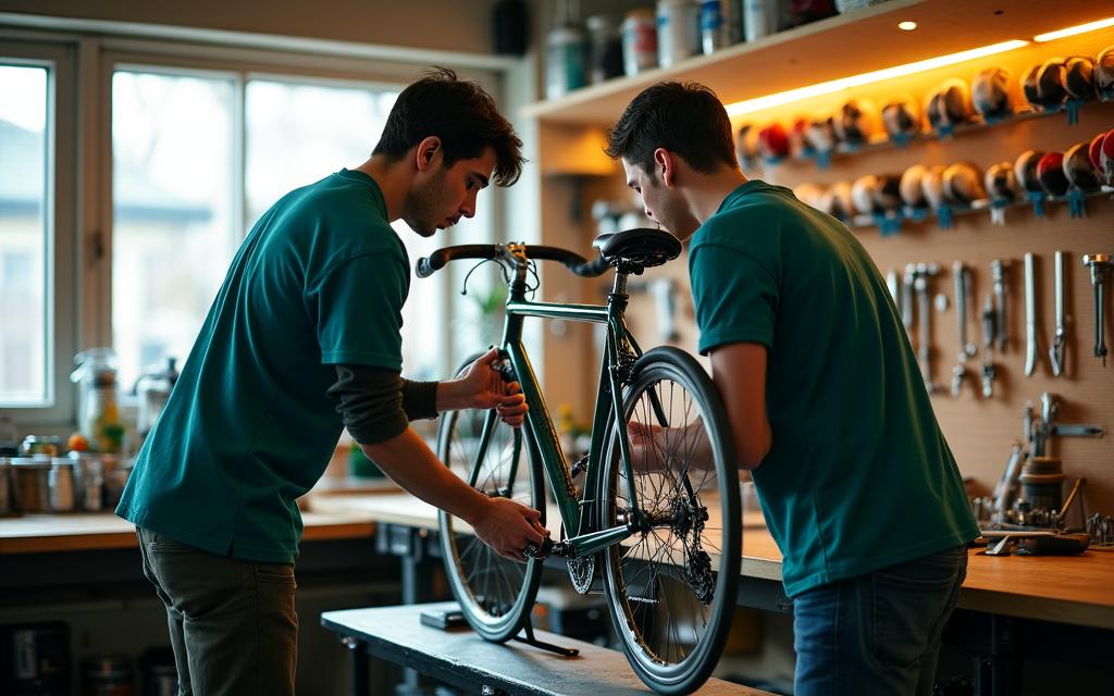 店内のワークショップで自転車を整備する風景