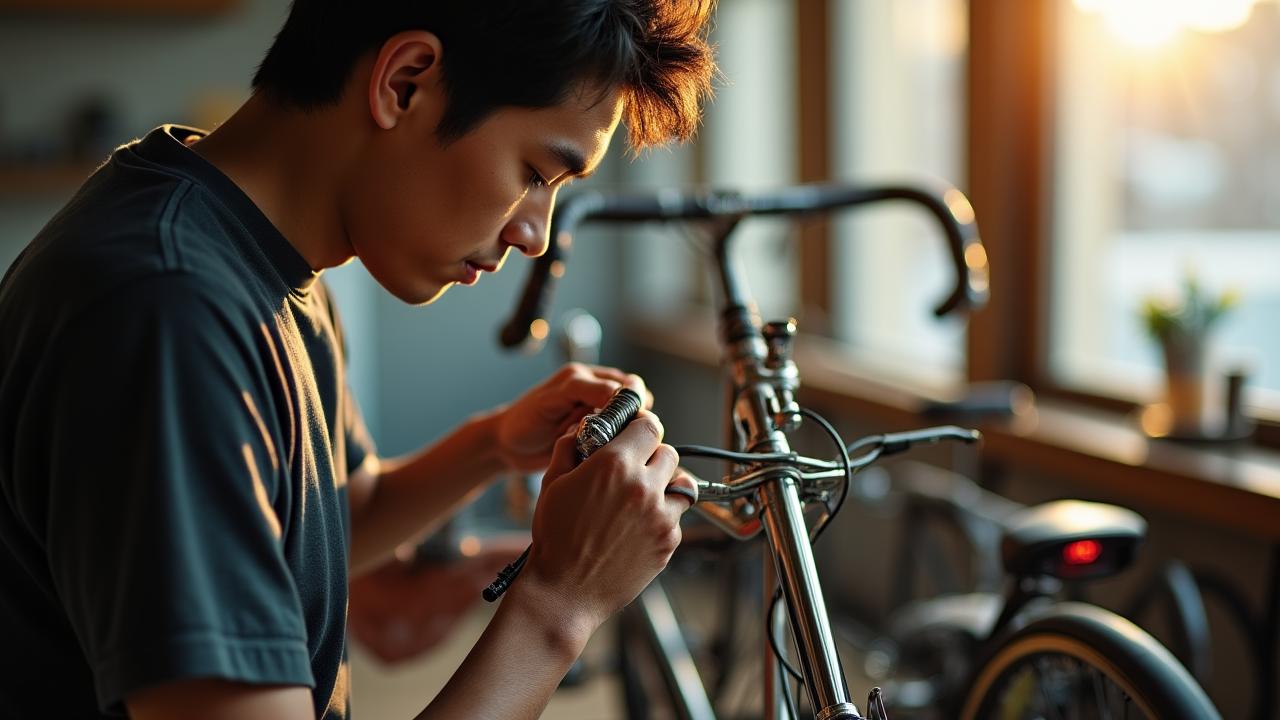 職人がビンテージ自転車のフレームを丁寧に磨き上げる様子